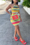 Yellow Fashion Sexy Striped Print Backless O Neck Sling Dress