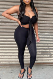 Blue Fashion Sexy Solid Backless Strapless Sleeveless Two Pieces