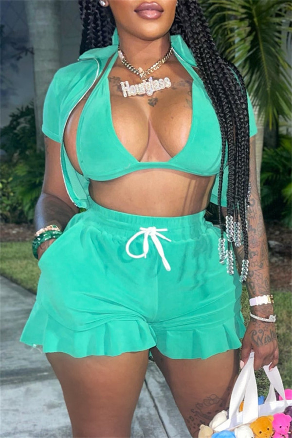 Green Fashion Sexy Casual Solid Patchwork Short Sleeve Three-piece Set