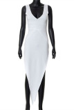 White Fashion Sexy Solid Asymmetrical V Neck Sleeveless Dress
