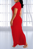 Red Fashion Casual Print Draw String Frenulum Slit O Neck Short Sleeve Dress