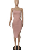 Pink Sexy Solid Hollowed Out Patchwork Slit Oblique Collar Pencil Skirt Dresses