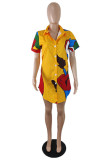 Orange Fashion Casual Not Positioning Printed Patchwork Turndown Collar Shirt Short Sleeve Dress