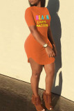 Tangerine Red Casual Print Patchwork O Neck One Step Skirt Dresses