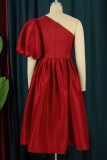 Red Elegant Solid Patchwork Oblique Collar Evening Dress Dresses