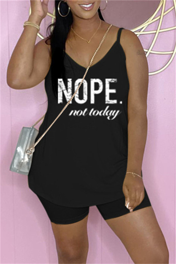 Black Fashion Casual Letter Print Basic Spaghetti Strap Sleeveless Two Pieces