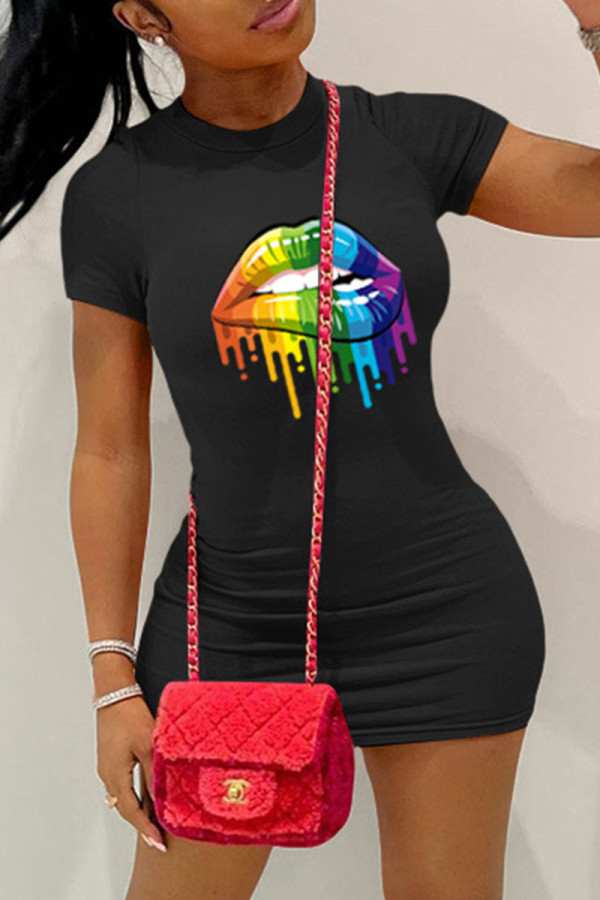 Black Fashion Casual Lips Printed Basic O Neck Short Sleeve Dress