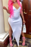 White Fashion Sexy Solid Asymmetrical V Neck Sleeveless Dress