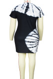 Black White Casual Print Patchwork O Neck One Step Skirt Plus Size Dresses