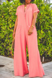 Watermelon Red Fashion Casual Solid Patchwork V Neck Regular Jumpsuits