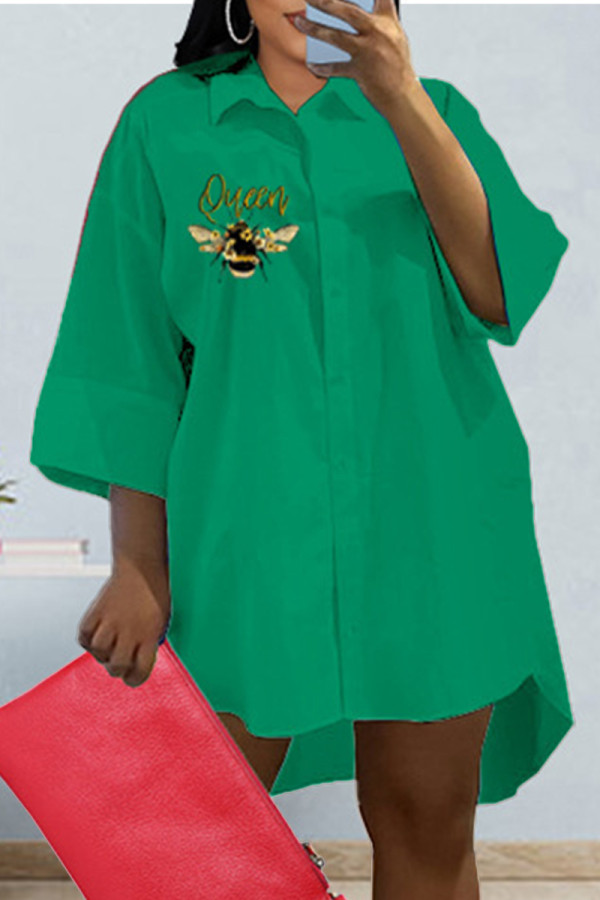 Green Fashion Casual Print Patchwork Turndown Collar Shirt Dress