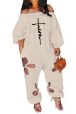 Apricot Fashion Casual Print Hollowed Out Backless Off the Shoulder Regular Jumpsuits