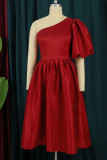 Red Elegant Solid Patchwork Oblique Collar Evening Dress Dresses