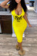 Yellow Sexy Casual Letter Print Basic U Neck Short Sleeve Dress