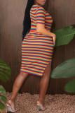 Multicolor Fashion Casual Striped Print Slit Square Collar Short Sleeve Dress