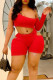 Red Sexy Solid Hollowed Out Patchwork Asymmetrical Spaghetti Strap Skinny Rompers