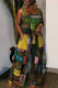 Green Casual Print Patchwork Square Collar Loose Jumpsuits