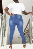 Medium Blue Fashion Casual Butterfly Print Patchwork High Waist Skinny Denim Jeans