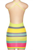 Yellow Fashion Sexy Striped Print Backless O Neck Sling Dress