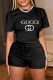 Black Fashion Casual Print Letter O Neck Short Sleeve Two Pieces