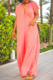 Watermelon Red Fashion Casual Solid Patchwork V Neck Regular Jumpsuits