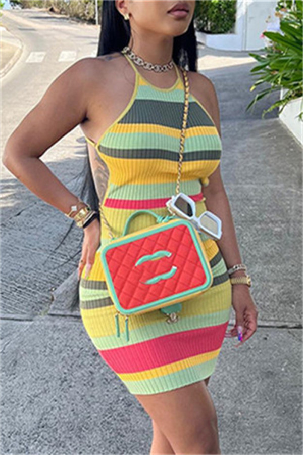 Yellow Fashion Sexy Striped Print Backless O Neck Sling Dress