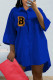 Blue Fashion Casual Letter Print Patchwork Turndown Collar Shirt Dress Dresses