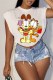 White Fashion Casual Character Print Patchwork O Neck T-Shirts