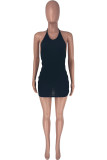 Blue Fashion Sexy Solid Bandage Backless Halter Sleeveless Dress