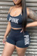 Black Sexy Casual Letter Print Backless Spaghetti Strap Sleeveless Two Pieces