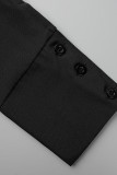 Black Sexy Solid Patchwork Buckle Slit Turndown Collar Tops
