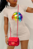 Pink Fashion Casual Lips Printed Basic O Neck Short Sleeve Dress