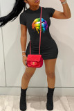 Pink Fashion Casual Lips Printed Basic O Neck Short Sleeve Dress