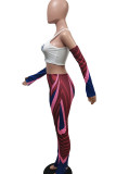 Red Blue Casual Street Print Patchwork O Neck Long Sleeve Two Pieces