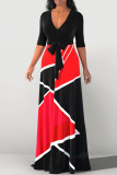 Pink Casual Print Bandage Patchwork V Neck Straight Dresses
