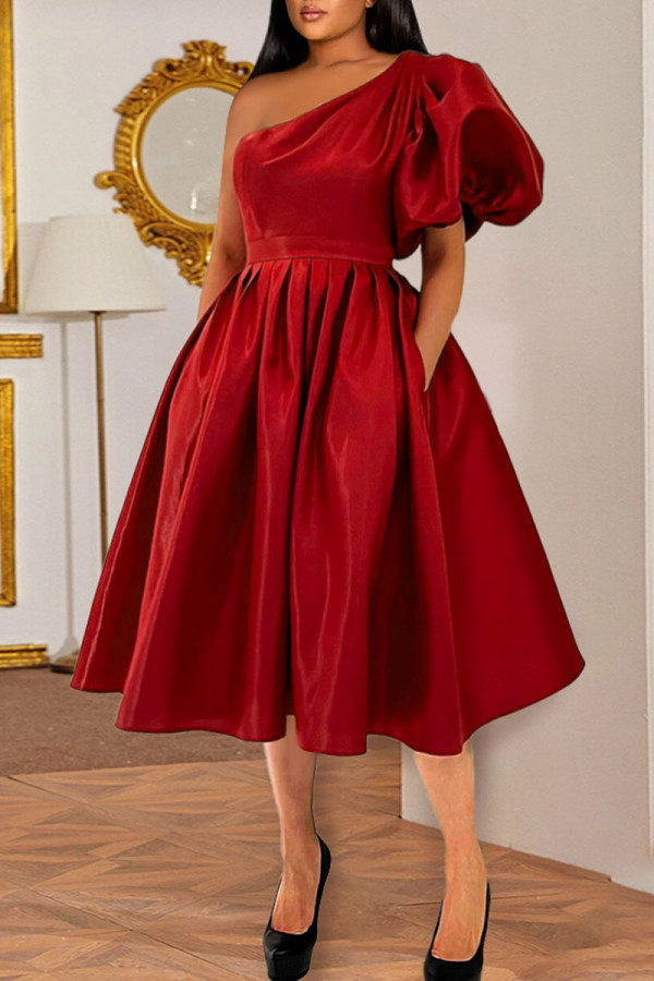 Red Elegant Solid Patchwork Oblique Collar Evening Dress Dresses