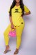 Yellow Fashion Casual Print Letter V Neck Short Sleeve Two Pieces