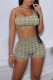 Army Green Sexy Plaid Print Patchwork Oblique Collar Two Pieces
