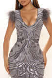 Silver Elegant Solid Sequins Patchwork Feathers Evening Dress Dresses