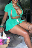 Green Fashion Sexy Casual Solid Patchwork Short Sleeve Three-piece Set