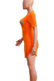 Tangerine Red Casual Print Patchwork O Neck One Step Skirt Dresses