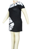 Black White Casual Print Patchwork O Neck One Step Skirt Plus Size Dresses