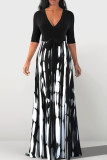 Pink Casual Print Bandage Patchwork V Neck Straight Dresses