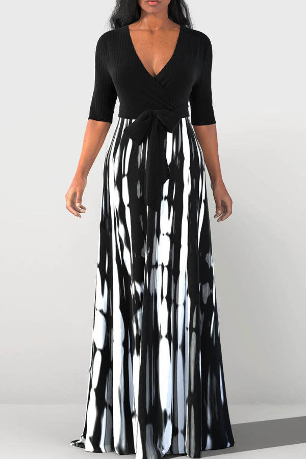 Black Casual Print Bandage Patchwork V Neck Straight Dresses