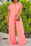Watermelon Red Fashion Casual Solid Patchwork V Neck Regular Jumpsuits