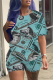Light Blue Fashion Print Patchwork O Neck Short Sleeve Two Pieces