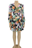 Multicolor Sexy Print Hollowed Out Patchwork V Neck A Line Dresses