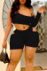 Black Sexy Solid Hollowed Out Patchwork Asymmetrical Spaghetti Strap Skinny Rompers