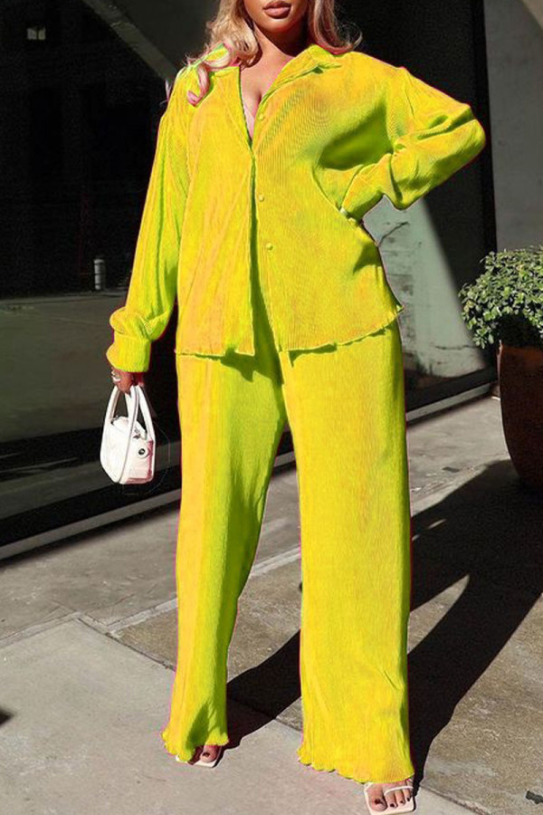 Yellow Casual Solid Patchwork Buckle Turndown Collar Long Sleeve Two Pieces