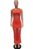 Tangerine Red Fashion Sexy Casual Solid Ripped Hollowed Out O Neck Sleeveless Dress Dresses